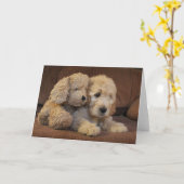 Het Wenskaart van het Puppy van Goldendoodle Kaart (Gele Bloem)
