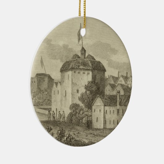 Het Wereldbol Theater op de Bankside zoals het in Keramisch Ornament (Rechts)