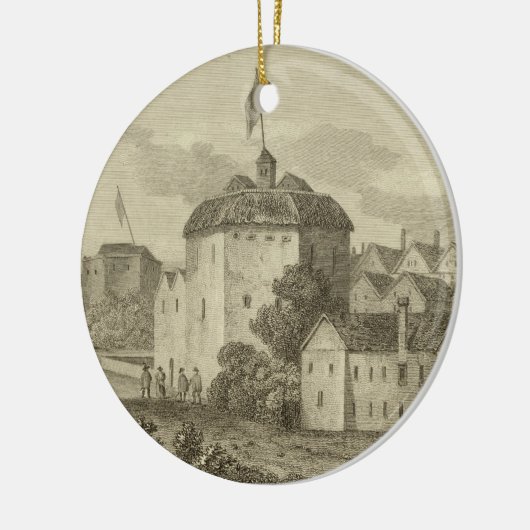 Het Wereldbol Theater op de Bankside zoals het in Keramisch Ornament (Links)