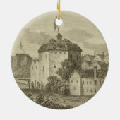 Het Wereldbol Theater op de Bankside zoals het in Keramisch Ornament (Achterkant)