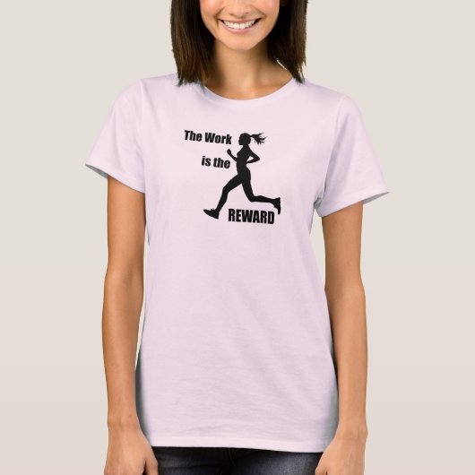 Het werk is de beloningsvrouw loper t-shirt (Voorkant)