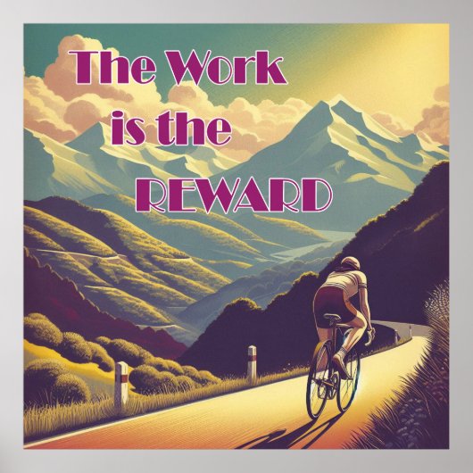 Het werk is de Reward Woman Cyclist Mountains Poster (Voorkant)