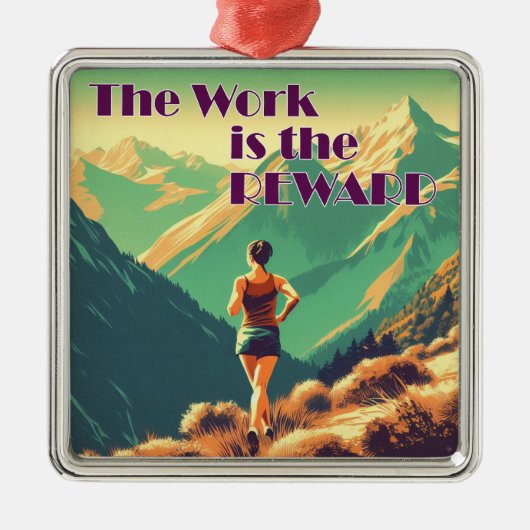 Het werk is de Reward Woman Runner Mountains Metalen Ornament (Voorkant)