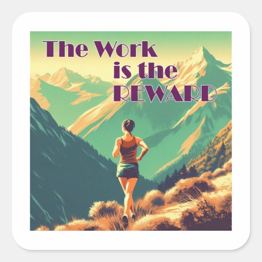 Het werk is de Reward Woman Runner Mountains Vierkante Sticker (Voorkant)