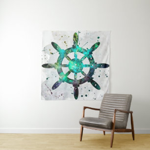Het wiel van de kapitein in blauwe groene oceaankl wandkleed
