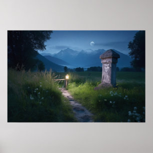 Het winden weg aan de bezitslijn dichtbij het meer poster