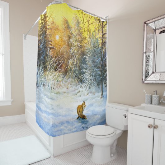 Het winterlandschap met een vossep in een neergang douchegordijn (In situ)