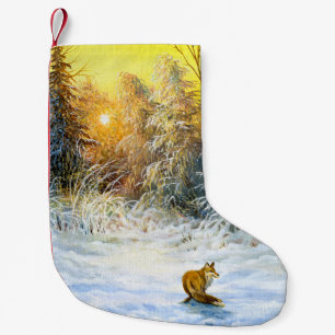 Het winterlandschap met een vossep in een neergang kleine kerstsok