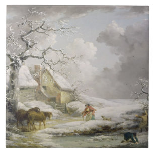 Het winterlandschap met Mannen die een oude vrouw  Tegeltje