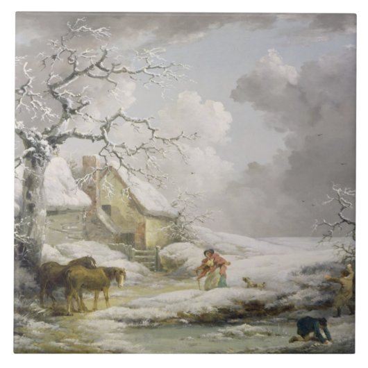 Het winterlandschap met Mannen die een oude vrouw  Tegeltje (Voorkant)
