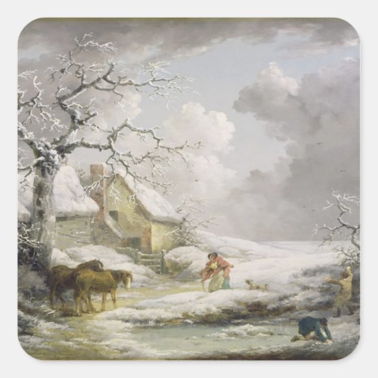 Het winterlandschap met Mannen die een oude vrouw Vierkante Sticker (Voorkant)
