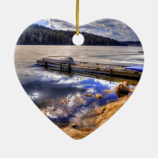 Het wintermeer en het landschap van Kayak Wilderne Keramisch Ornament (Achterkant)