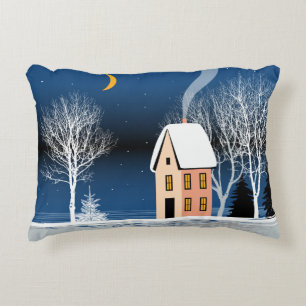 Het winternachtlandschap. Cozy house, diverse bome Accent Kussen
