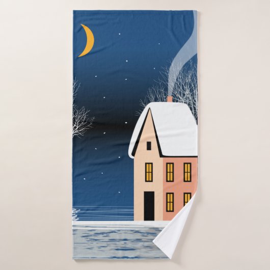 Het winternachtlandschap. Cozy house, diverse bome Badhanddoek (Badhanddoek)