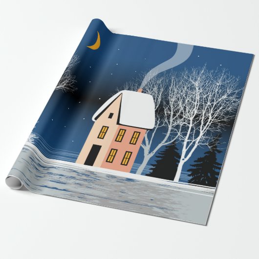 Het winternachtlandschap. Cozy house, diverse bome Cadeaupapier (Uitgerold)