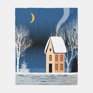 Het winternachtlandschap. Cozy house, diverse bome Fleece Deken