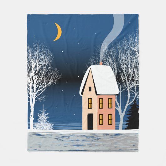 Het winternachtlandschap. Cozy house, diverse bome Fleece Deken (Voorkant)