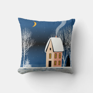 Het winternachtlandschap. Cozy house, diverse bome Kussen