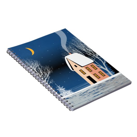 Het winternachtlandschap. Cozy house, diverse bome Notitieboek (Rechterzijde)
