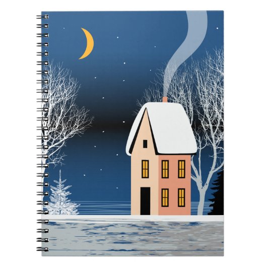 Het winternachtlandschap. Cozy house, diverse bome Notitieboek (Voorkant)