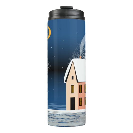 Het winternachtlandschap. Cozy house, diverse bome Thermosbeker (Voorkant)