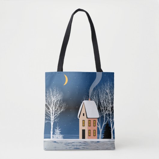 Het winternachtlandschap. Cozy house, diverse bome Tote Bag (Voorkant)