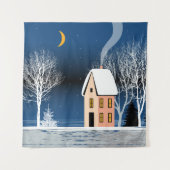 Het winternachtlandschap. Cozy house, diverse bome Wandkleed (Voorkant)