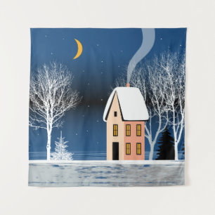Het winternachtlandschap. Cozy house, diverse bome Wandkleed