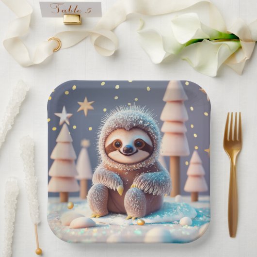 Het winterwonderland van Snowy Sloth Papieren Bordje (Huwelijk)