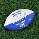 Het witte blauwe Football van de douane met Naam,<br><div class="desc">Creëer uw eigen douane wit blauw Football met Naam, Aantal, de Naam van het Team, Slogan en Jaar. Pas deze eenvoudige klassieke sjabloon van het football met uw douanebericht, naam, teamnaam en jaar aan. Eenvoudig personaliseer het voor een coole sportkeepasis. Creëer je unieke persoonlijke cadeau voor coach, jongensverjaardag, football speler,...</div>