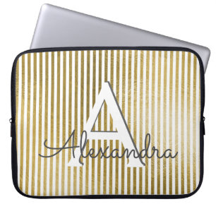 Het witte & Gouden Gestreepte Monogram van de Laptop Sleeve