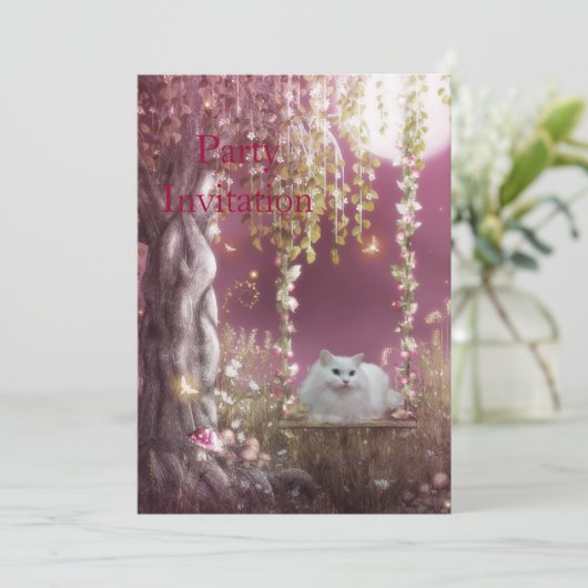 Het Witte Kat van de uitnodiging op de Boom Zing (Staand voorkant)