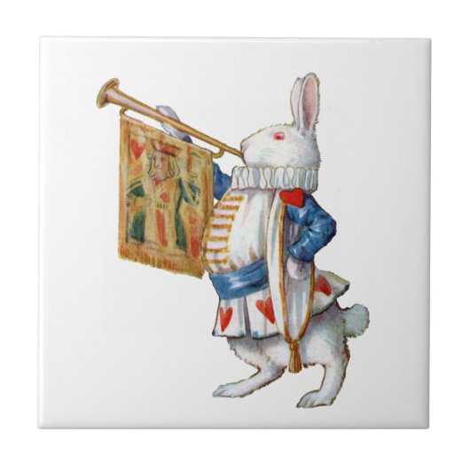 Het witte konijn blaast de trompet in Wonderland Tegeltje (Voorkant)