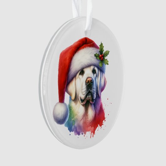 Het witte lab in Santa Hat Kerstmis Ornament (voorkant)