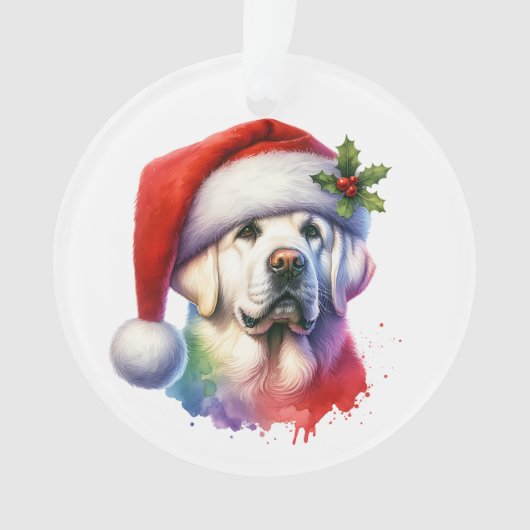 Het witte lab in Santa Hat Kerstmis Ornament (voorkant)