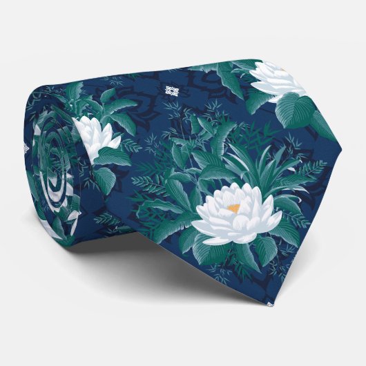 Het witte Lotus Midnight Lotus patroon Stropdas (Opgerold)