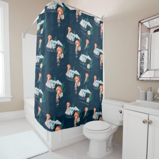 Het witte Lotus Ocean Jellyfish patroon Douchegordijn (In situ)