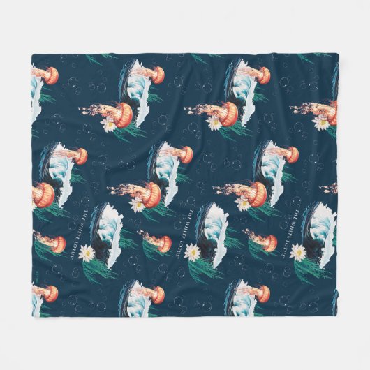 Het witte Lotus Ocean Jellyfish patroon Fleece Deken (Voorkant (Horizontaal))