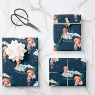 Het witte Lotus Ocean Jellyfish patroon Inpakpapier Vel