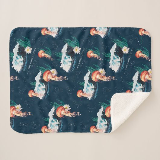Het witte Lotus Ocean Jellyfish patroon Sherpa Deken (Voorkant (horizontaal))