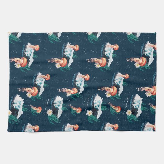 Het witte Lotus Ocean Jellyfish patroon Theedoek (Horizontaal)