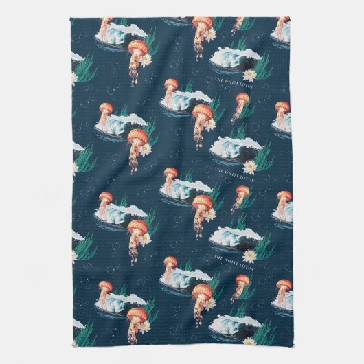 Het witte Lotus Ocean Jellyfish patroon Theedoek (Verticaal)