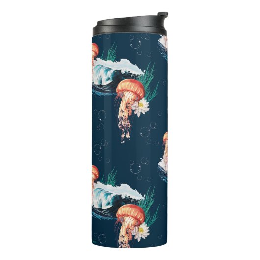Het witte Lotus Ocean Jellyfish patroon Thermosbeker (Gedraaid links)