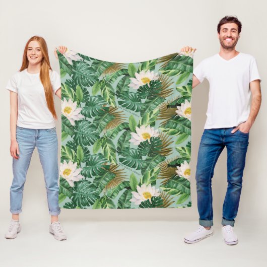 Het witte Lotus Tropical Canopy patroon Fleece Deken (In situ)