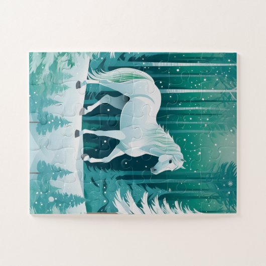 Het witte paard in het groene bos legpuzzel (Horizontaal)