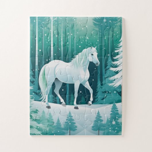 Het witte paard in het groene bos legpuzzel (Verticaal)