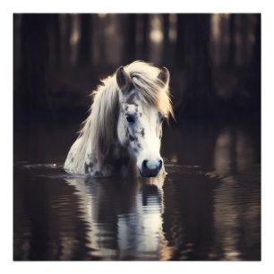 Het witte paard in het meer foto afdruk