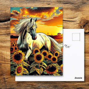Het witte paard in het veld van zonnebloemen bij z briefkaart