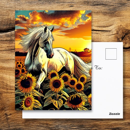 Het witte paard in het veld van zonnebloemen bij z briefkaart