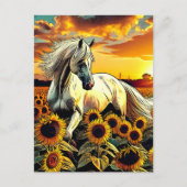 Het witte paard in het veld van zonnebloemen bij z briefkaart (Voorkant)